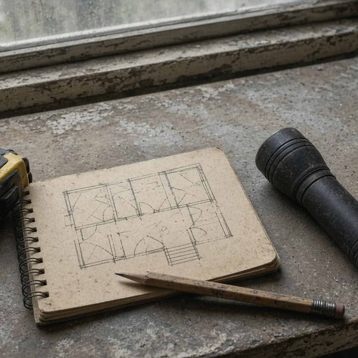 Notebook with a basement floor plan sketch, tape measure and flashlight on a workbench