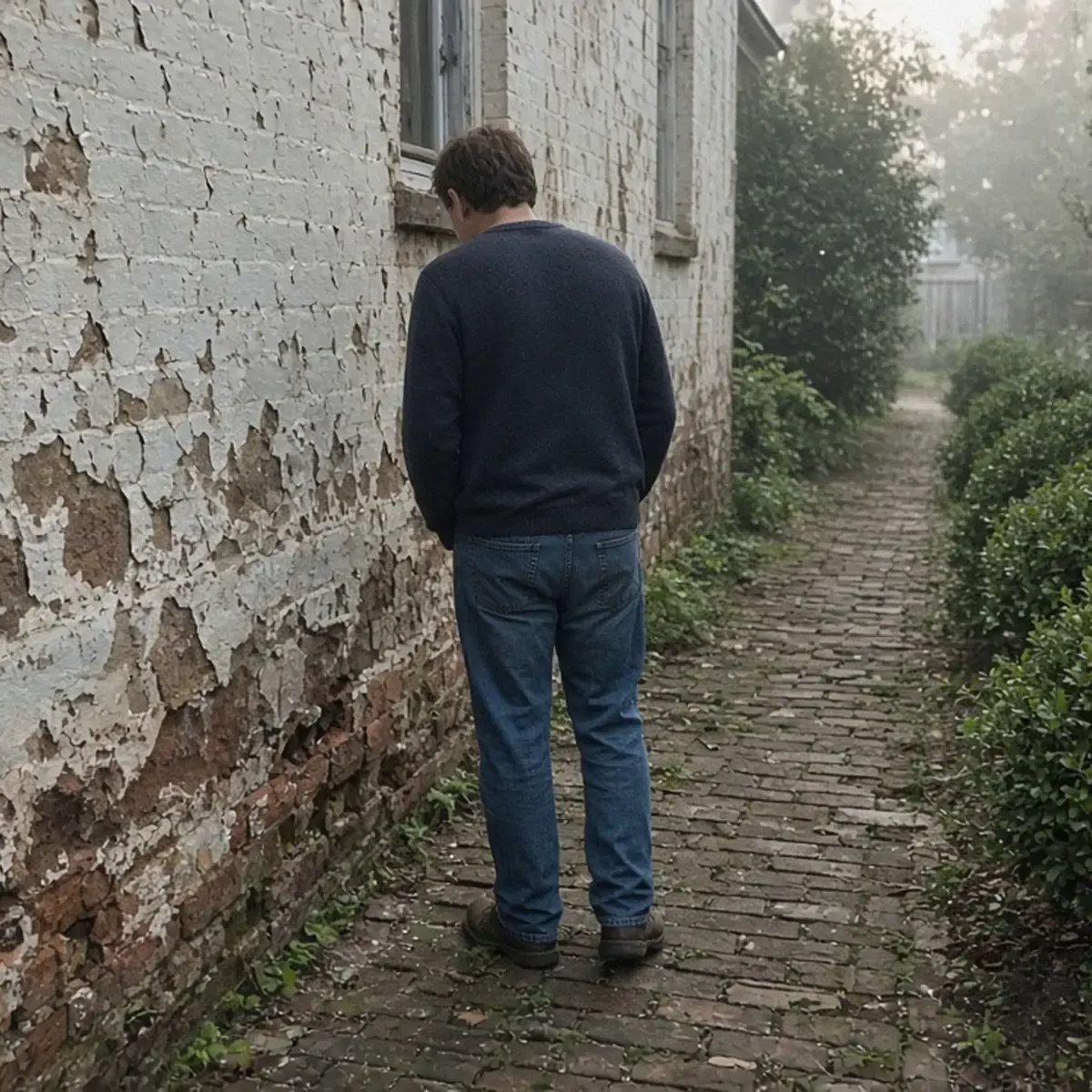 Homeowner looking at flaking brick at the base of an old painted-brick house