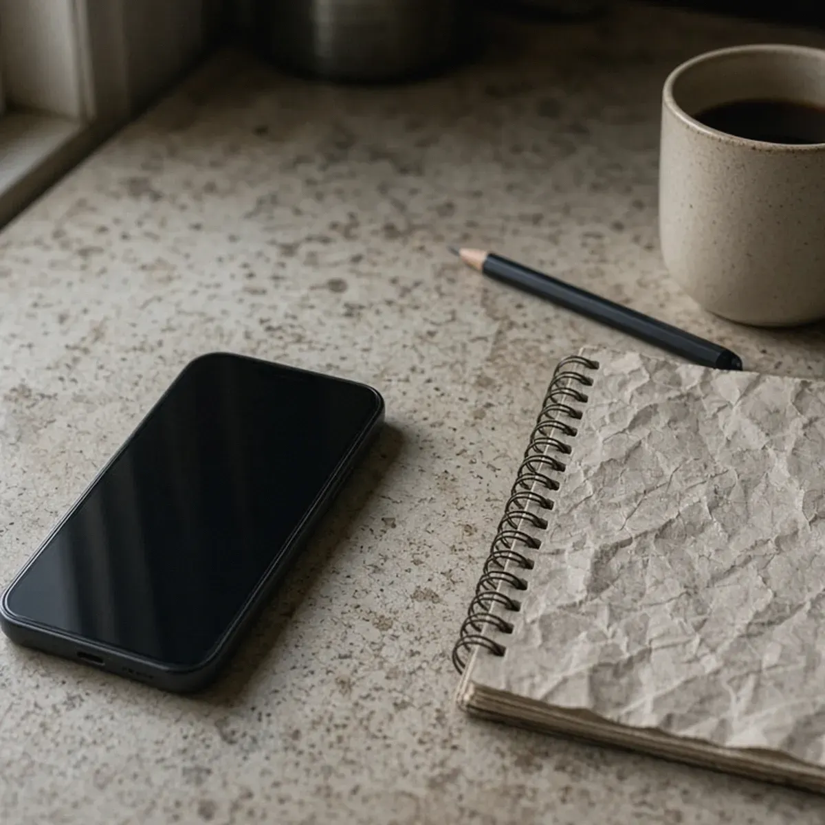 Phone and notebook on a kitchen counter