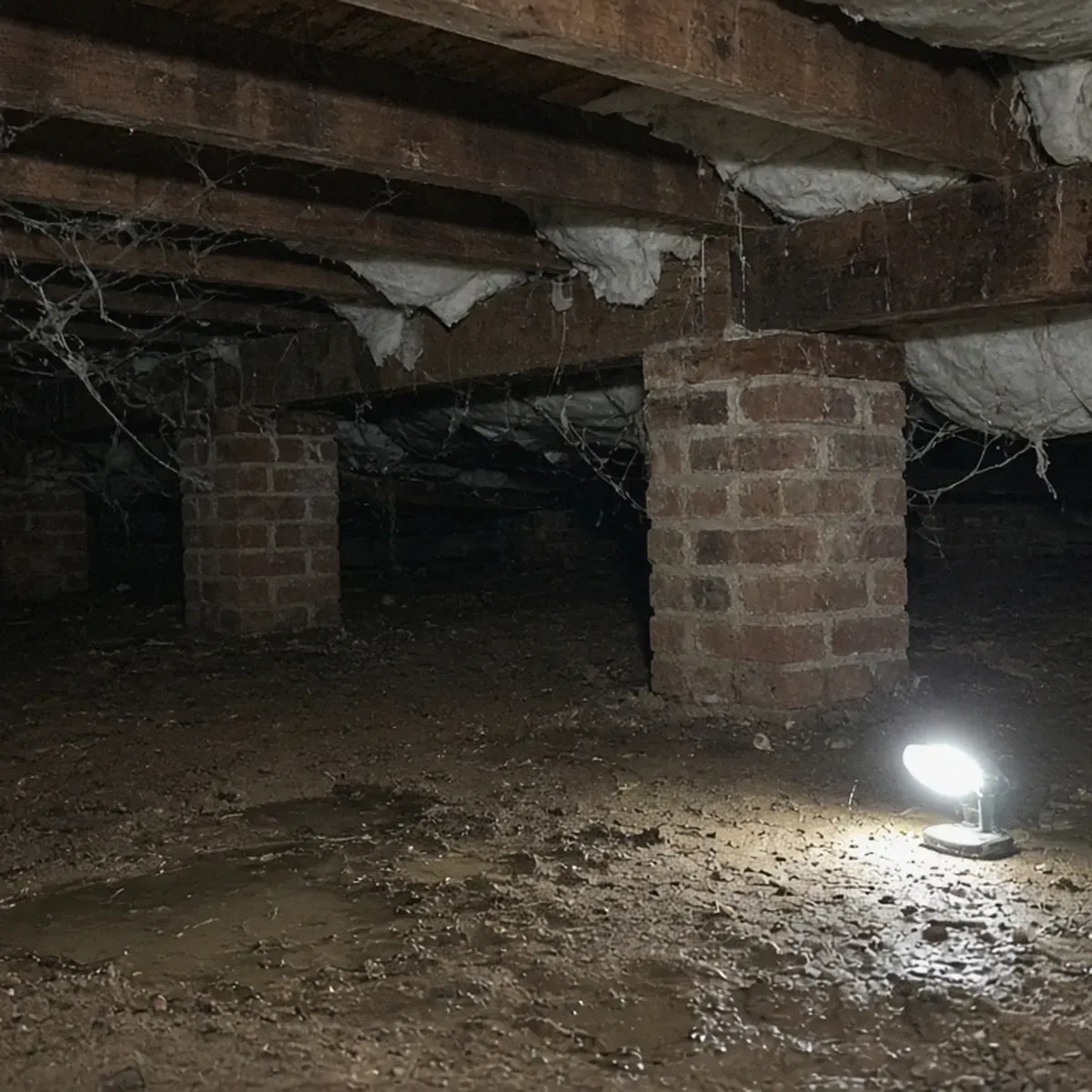 Damp crawl space with brick piers and sagging insulation under floor joists