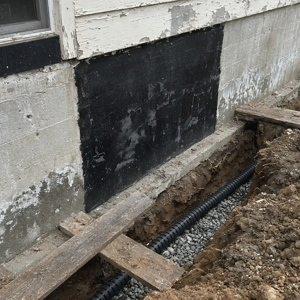 Excavated trench along a foundation wall with black membrane and a drain pipe