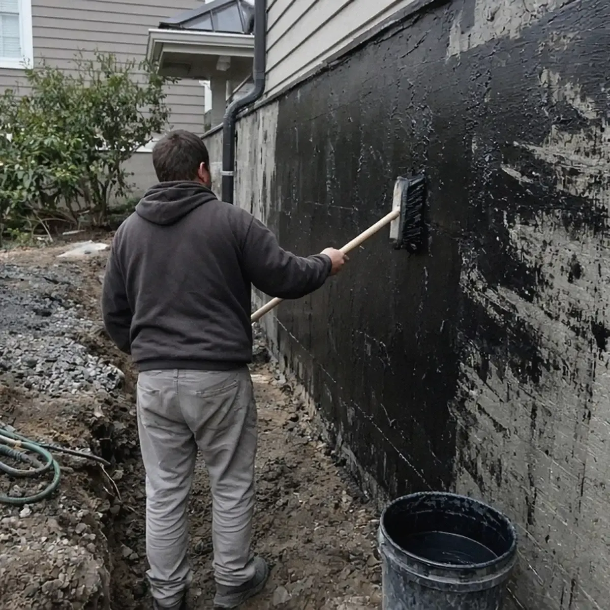 Person brushing waterproof coating onto a foundation wall in a trench