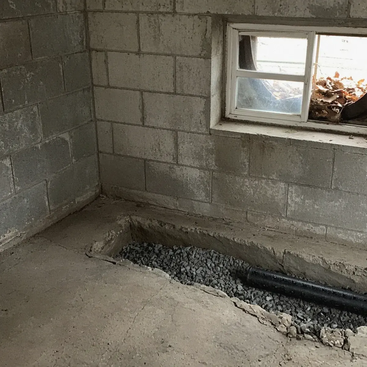 Basement floor trench with gravel and pipe below a window well