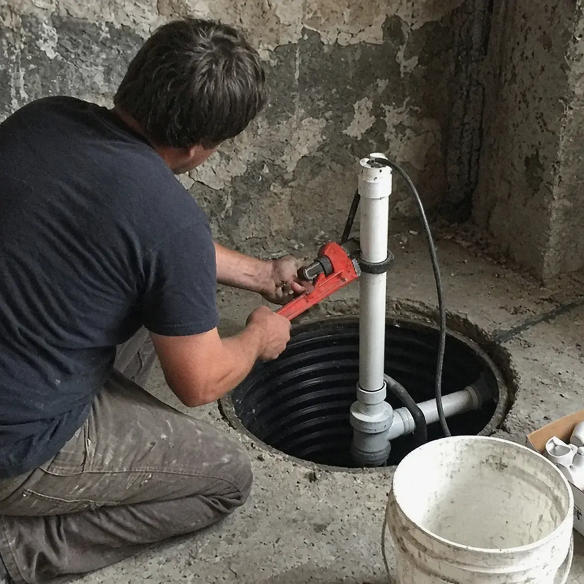 Person fitting PVC pipe to a sump pump