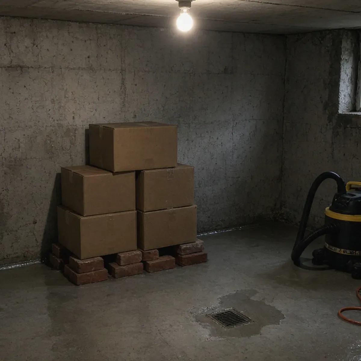 Basement floor with a thin sheen of water near a drain and a wet-dry vacuum